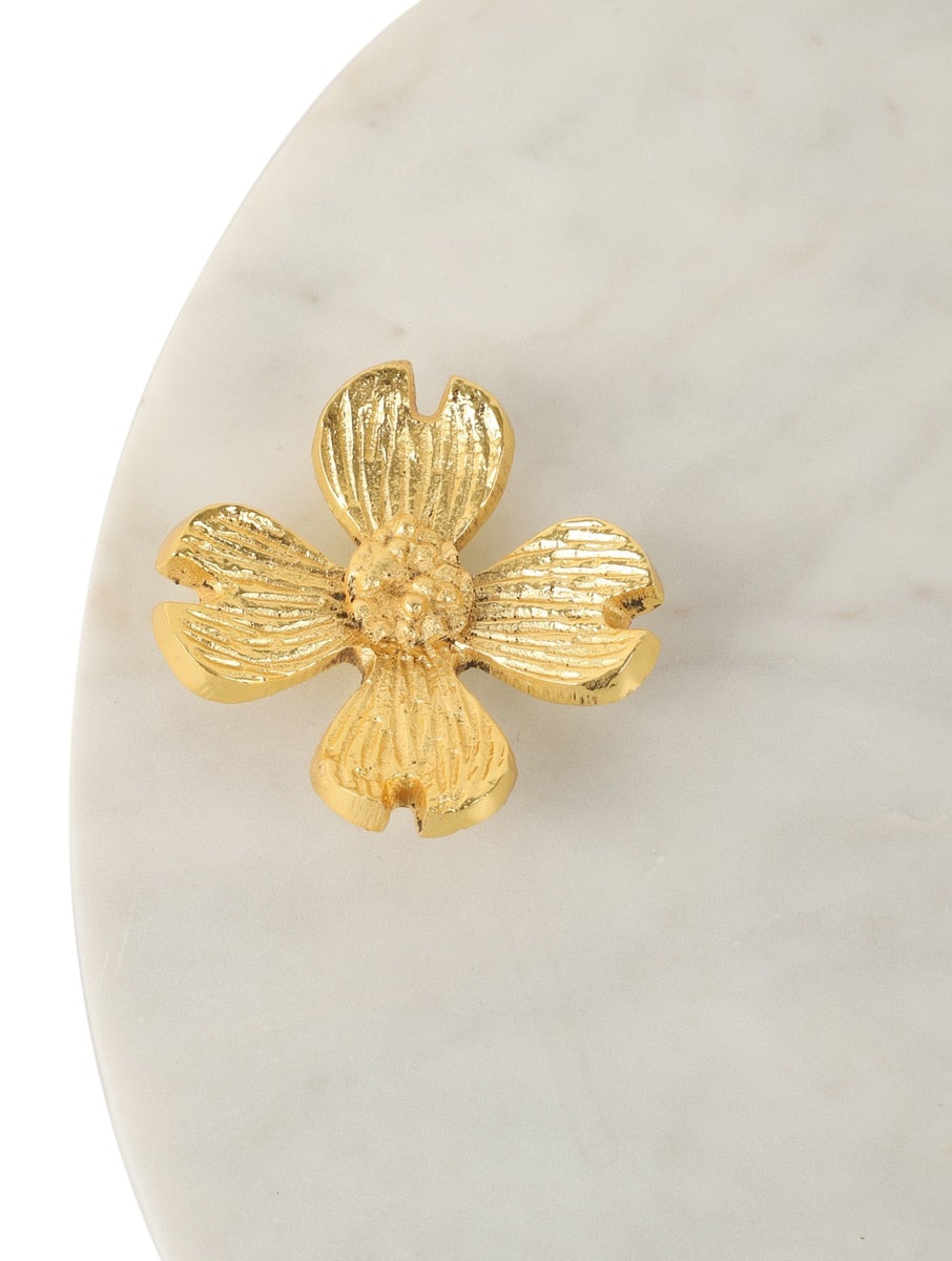 White Marble Round Platter with Metal Flower Accent