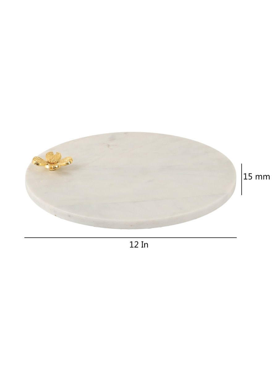 White Marble Round Platter with Metal Flower Accent