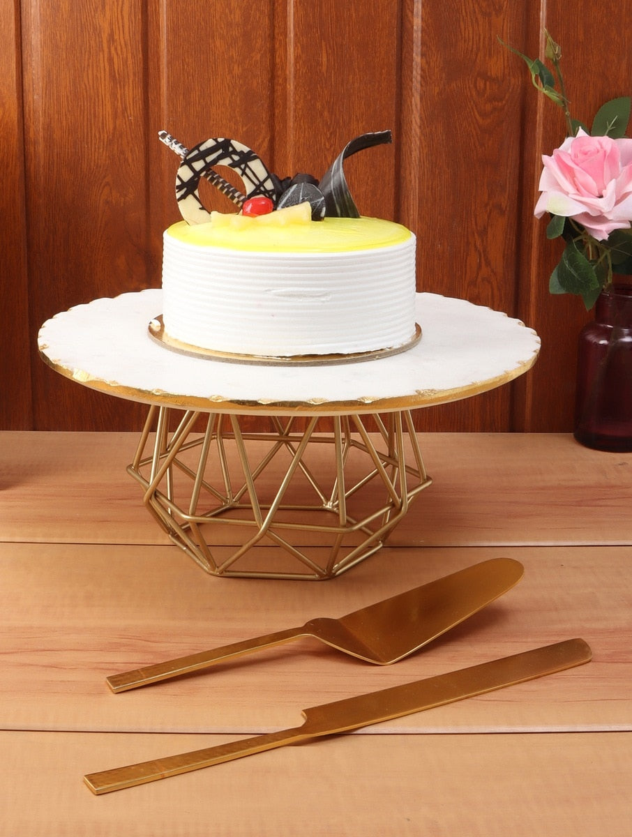 White Marble Cake Stand with Geometric Metal Base