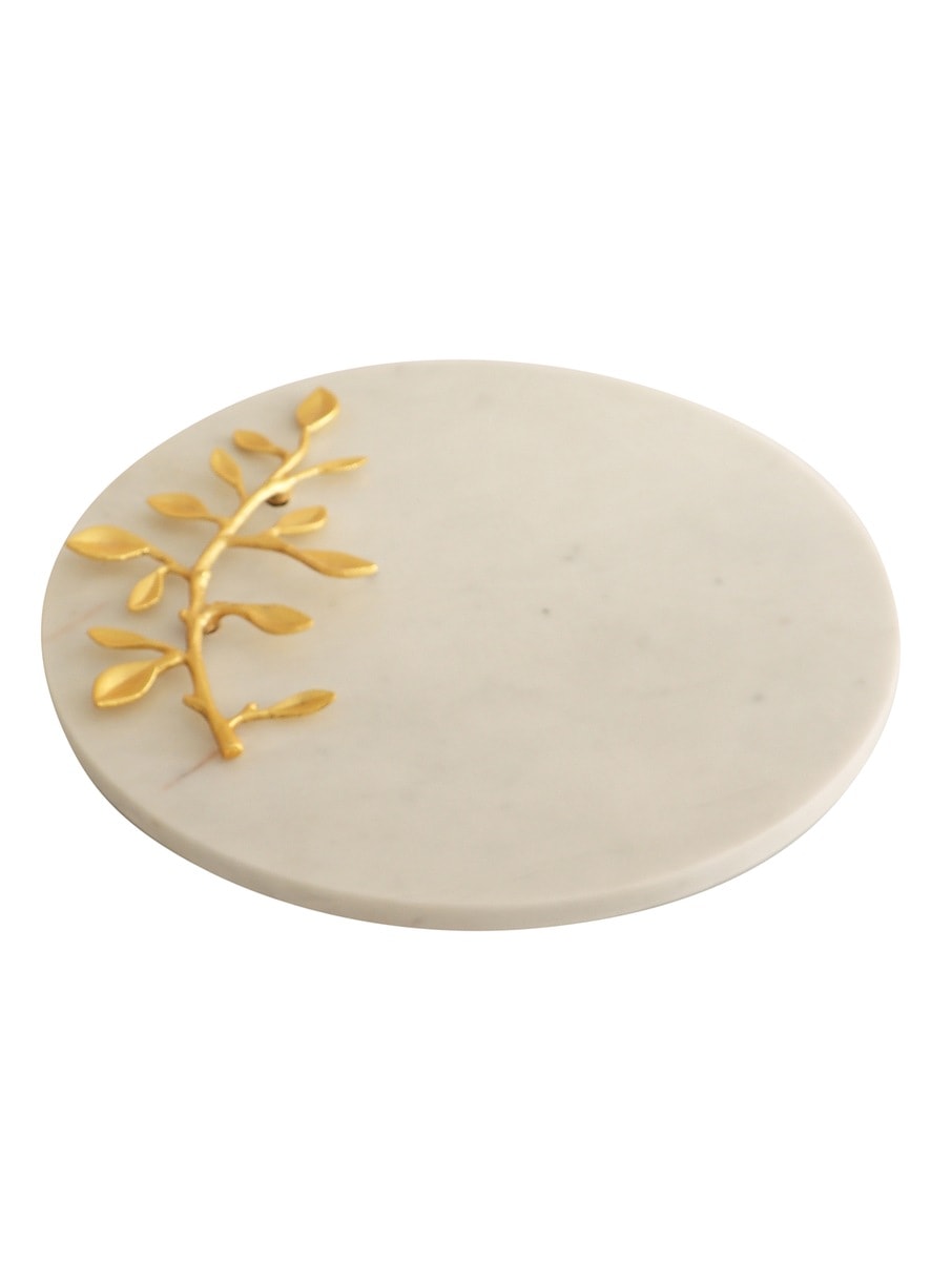 White Marble Round Platter with Metal Leaf Detail