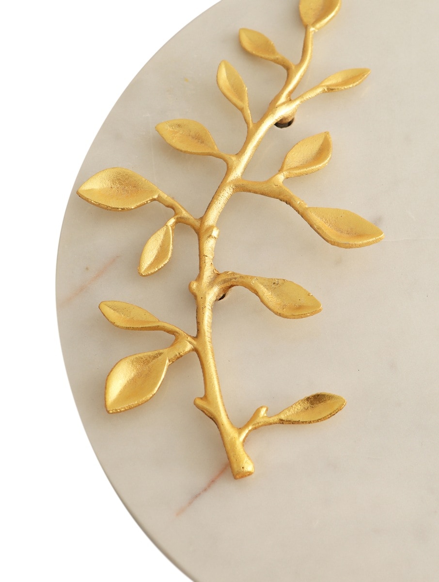 White Marble Round Platter with Metal Leaf Detail