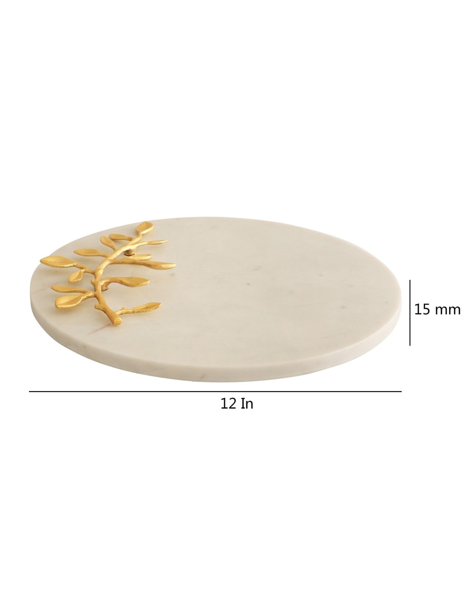 White Marble Round Platter with Metal Leaf Detail