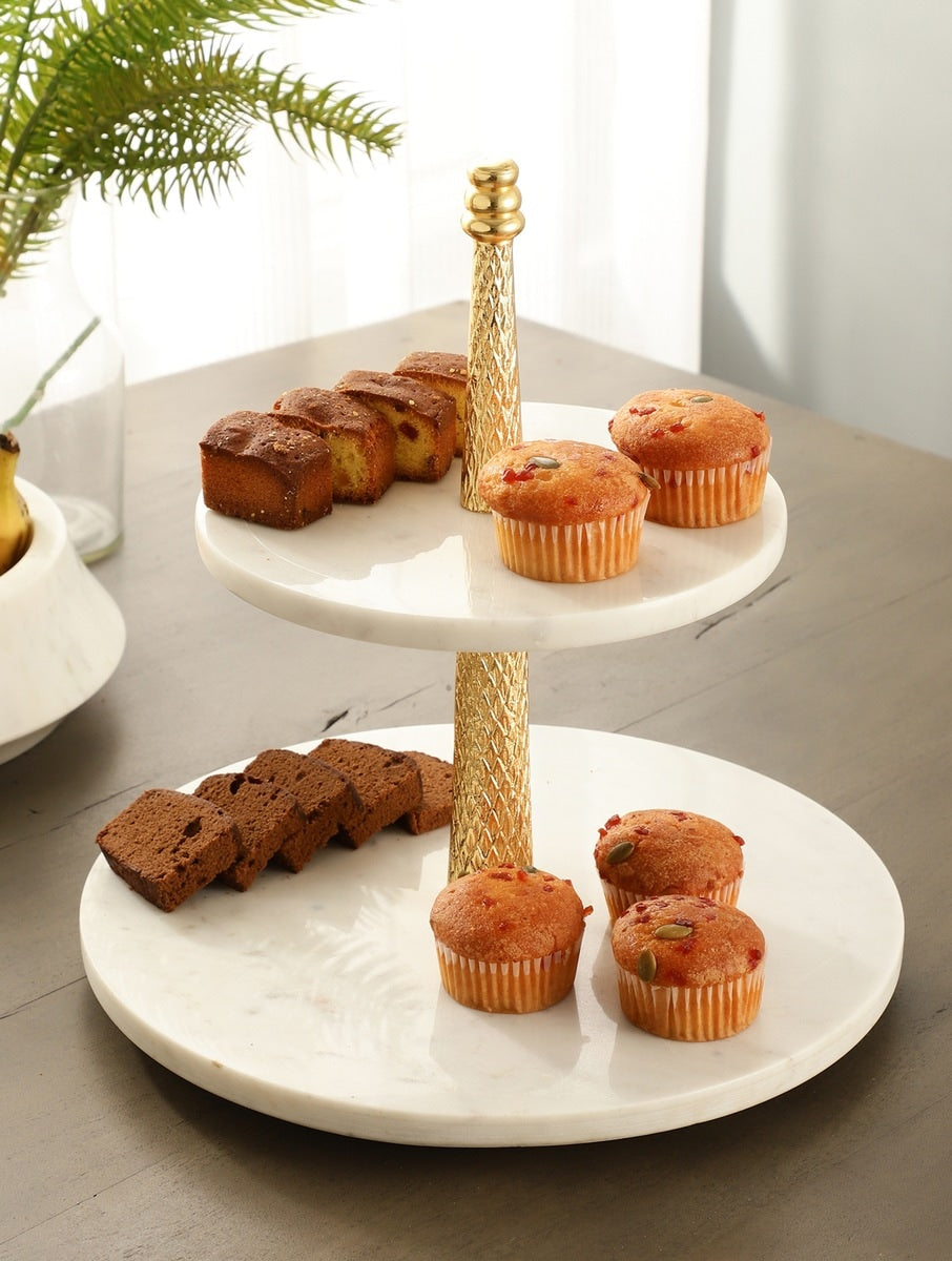 White Marble Two-Tier Stand with Textured Metal Column