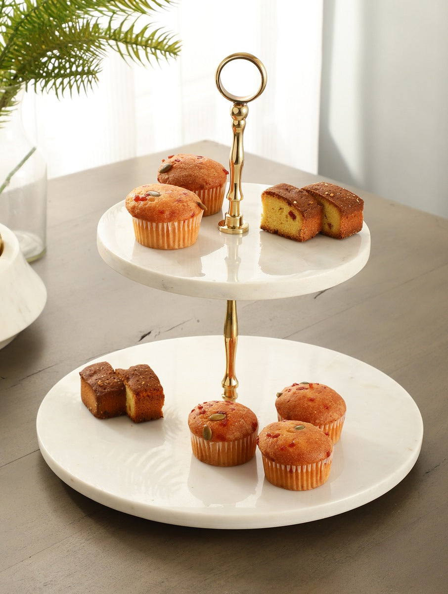 White Marble Two-Tier Stand with Metal Ring Handle