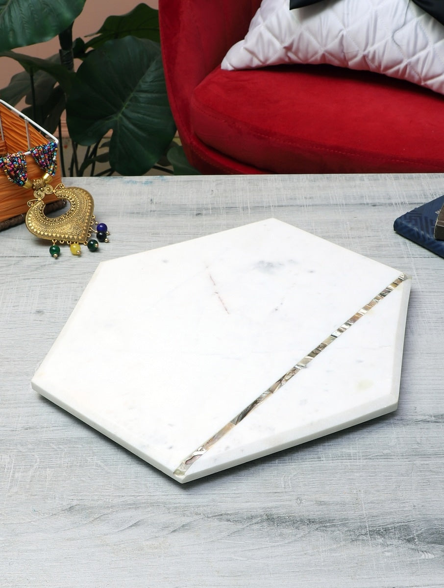 White Marble Hexagonal Serving Platter with Metal Inlay
