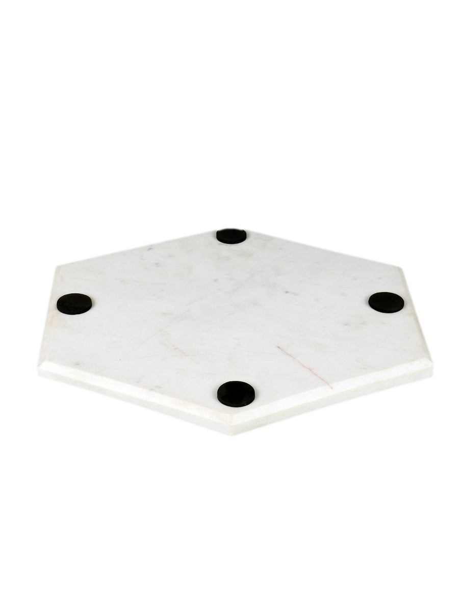 White Marble Hexagonal Serving Platter with Metal Inlay