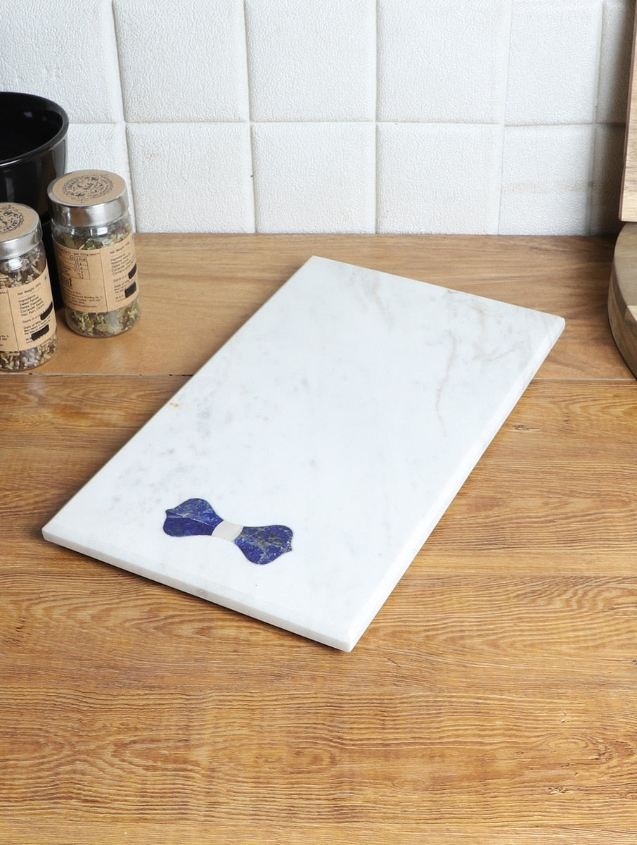 White Marble Rectangular Platter with Bow Inlay