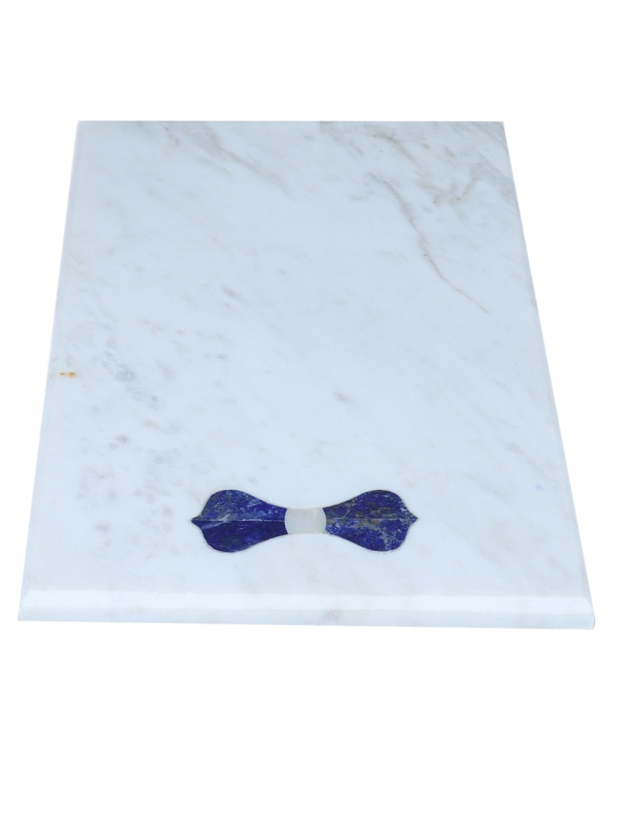 White Marble Rectangular Platter with Bow Inlay