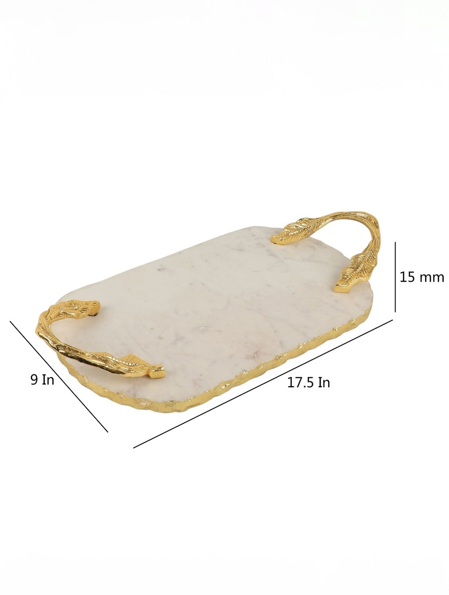 White Marble Rectangular Tray with Metal Branch Handles