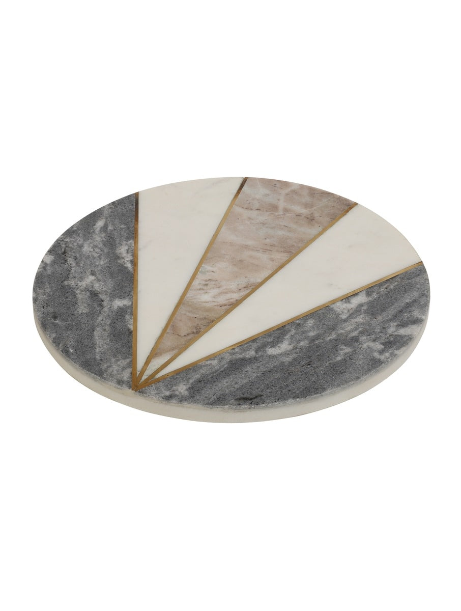 Marble Round Serving Platter with Geometric Stone Detail