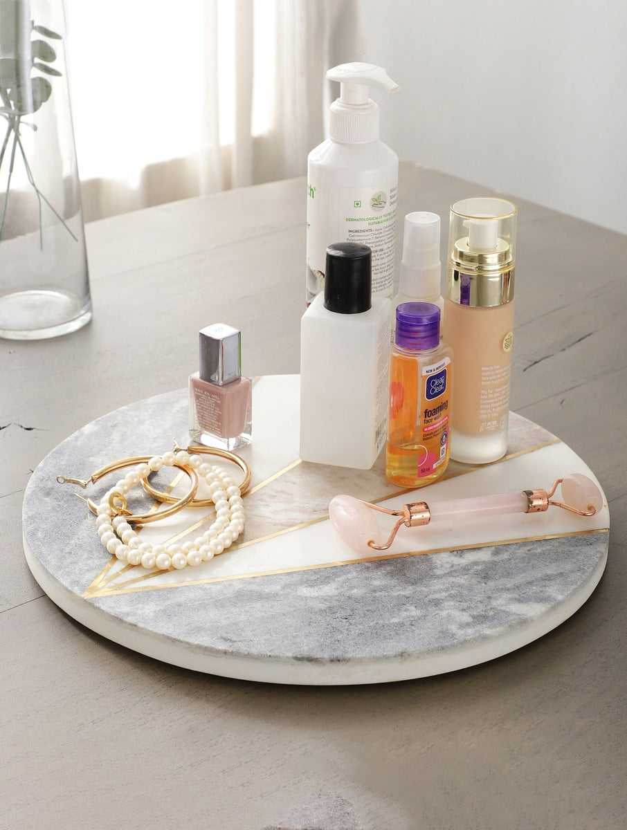 Marble Round Serving Platter with Geometric Stone Detail