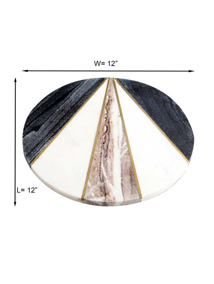 Marble Round Serving Platter with Geometric Stone Detail