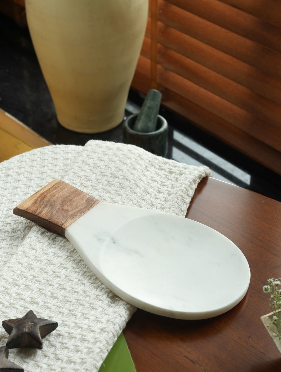 White Marble Handcrafted Platter with Wooden Handle