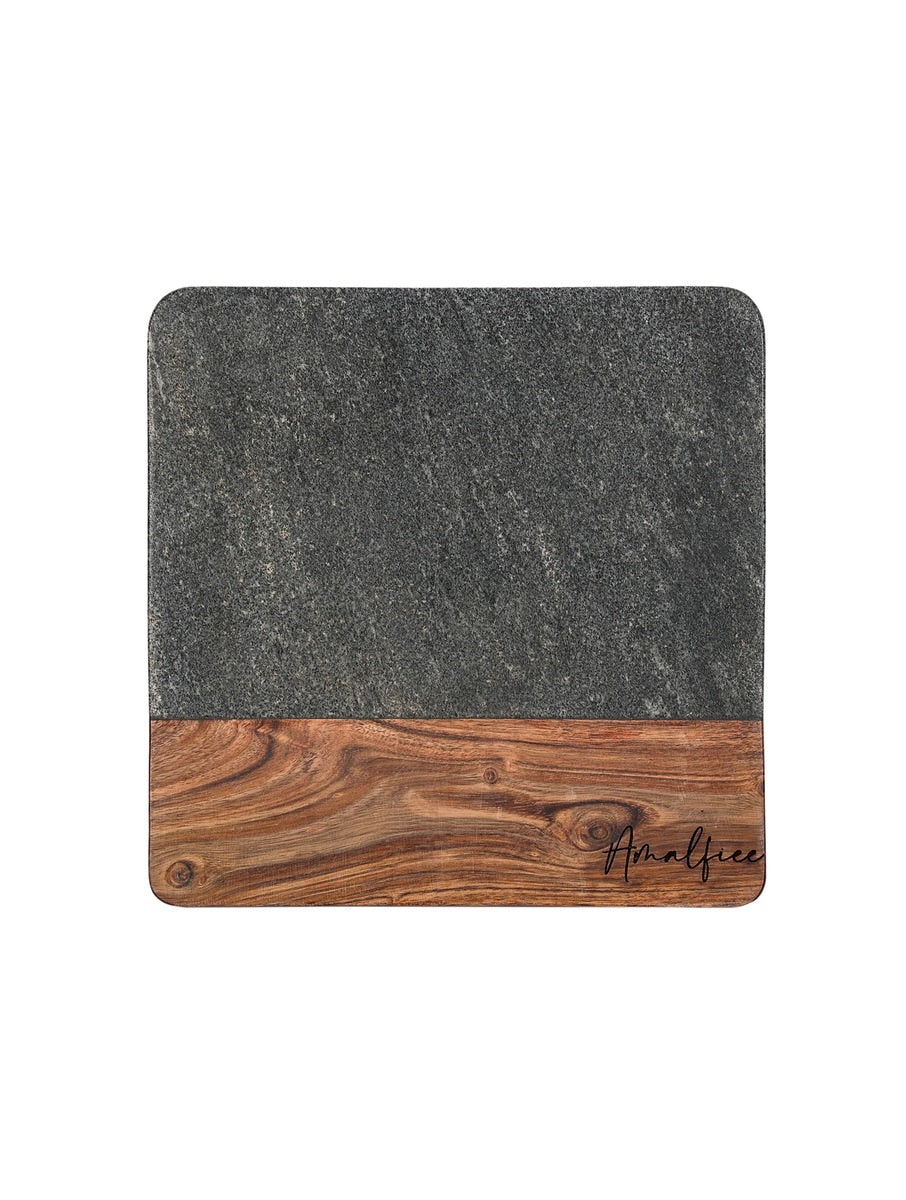 Black Marble and Wood Square Serving Platter