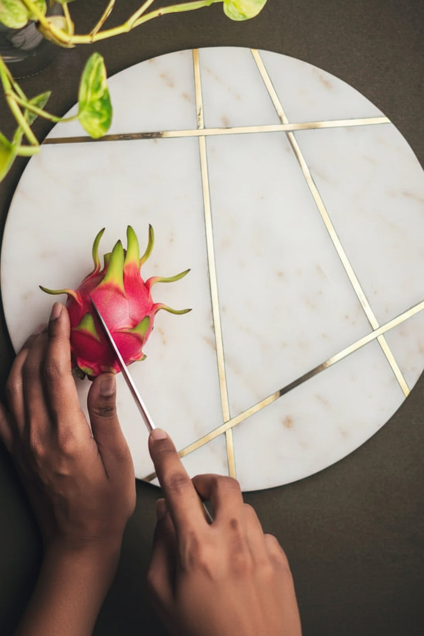White Marble Round Serving Platter with Metal Detail