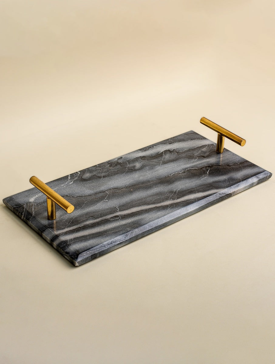 Grey Marble Serving Tray with Metal Handles