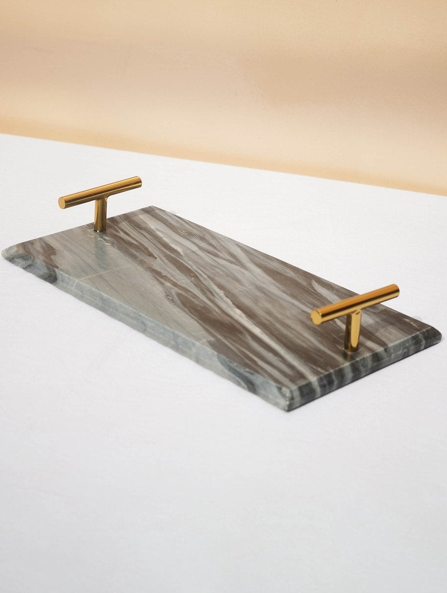 Grey Marble Serving Tray with Metal Handles