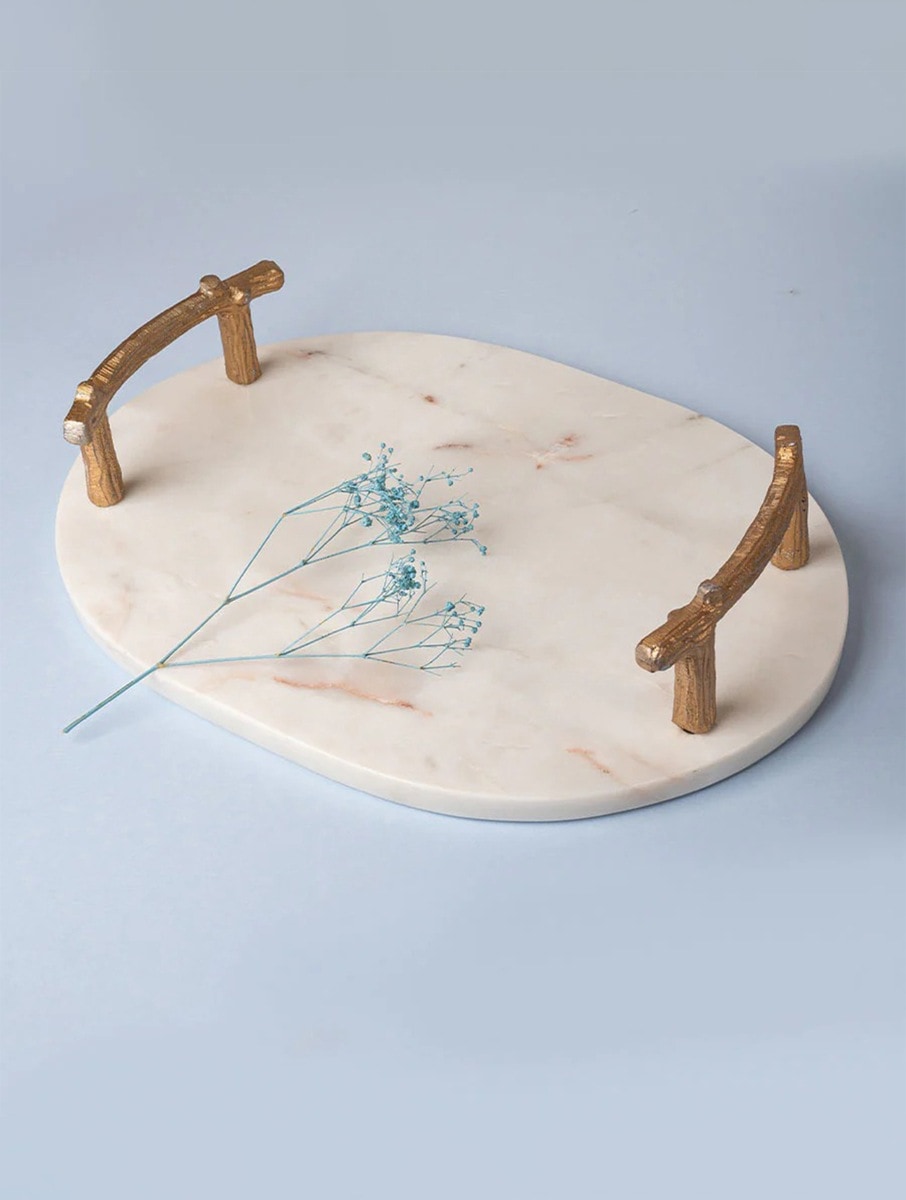 White Marble Oval Serving Tray with Metal Handles