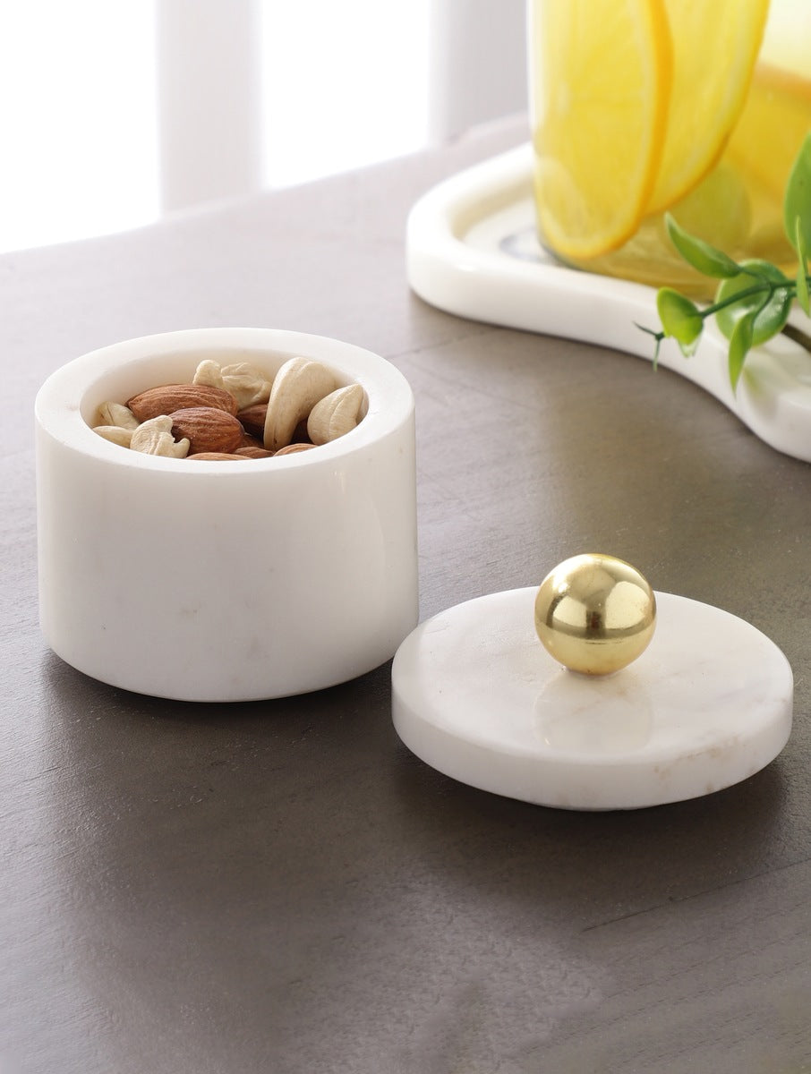 White Marble Storage Jar with Metal Knob