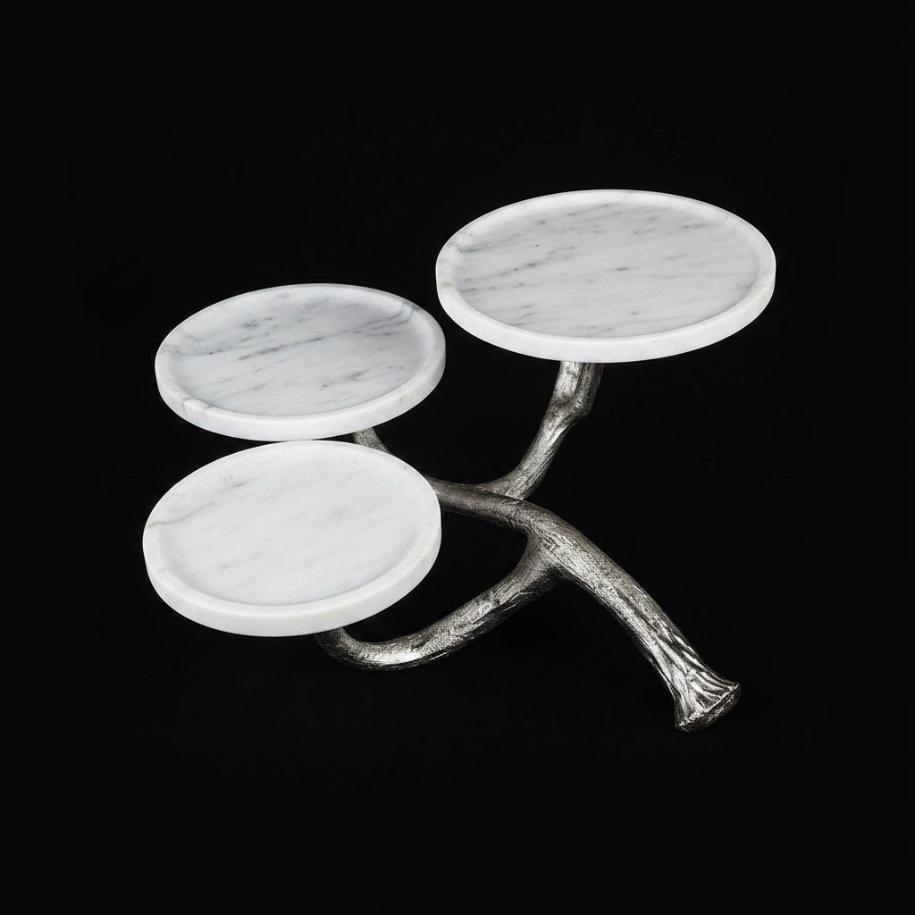 White Marble Three-Dish Serving Stand with Metal Base