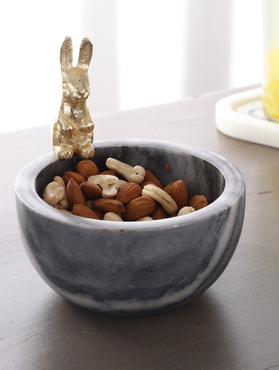 Grey Marble Bowl with Metal Rabbit Accent