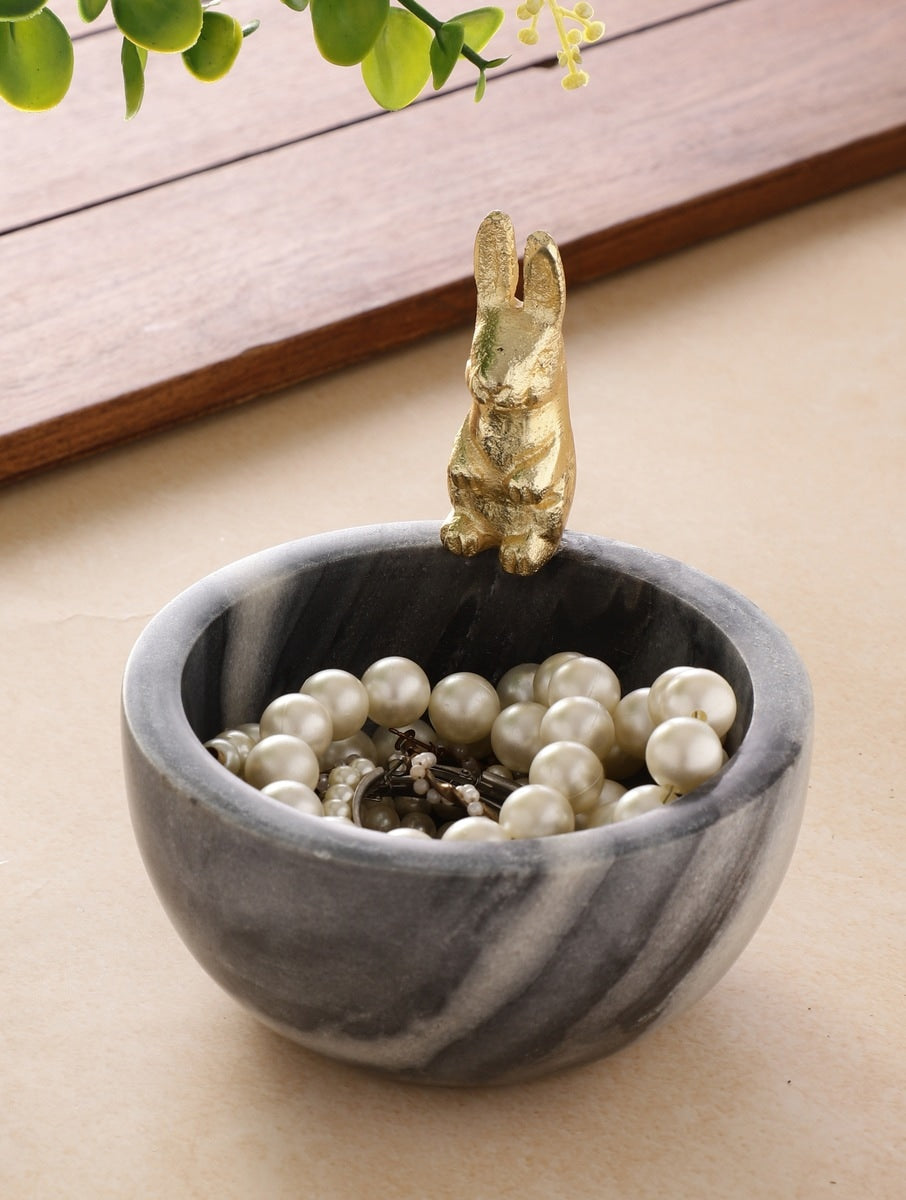 Grey Marble Bowl with Metal Rabbit Accent
