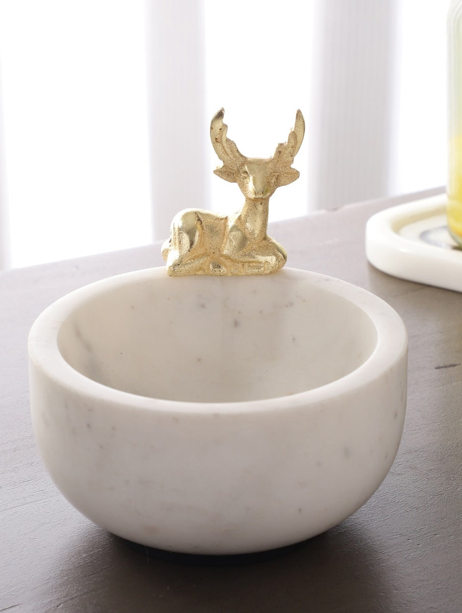 White Marble Bowl with Metal Deer Accent