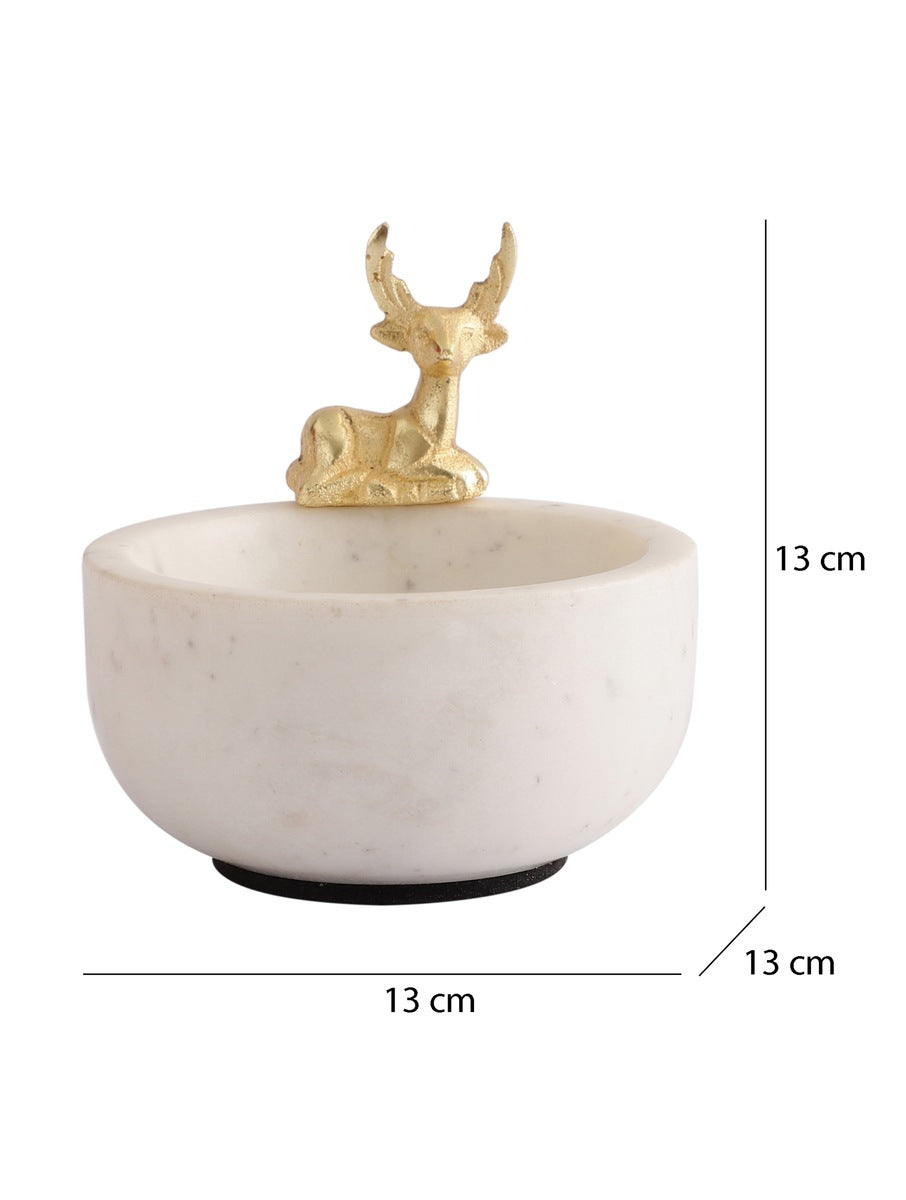 White Marble Bowl with Metal Deer Accent