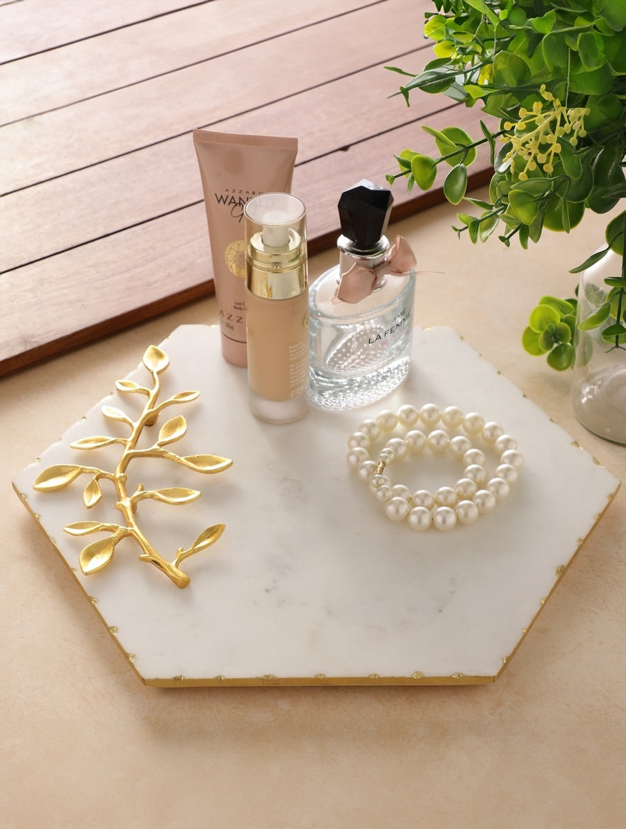 White Marble Hexagonal Platter with Metal Leaf Accent