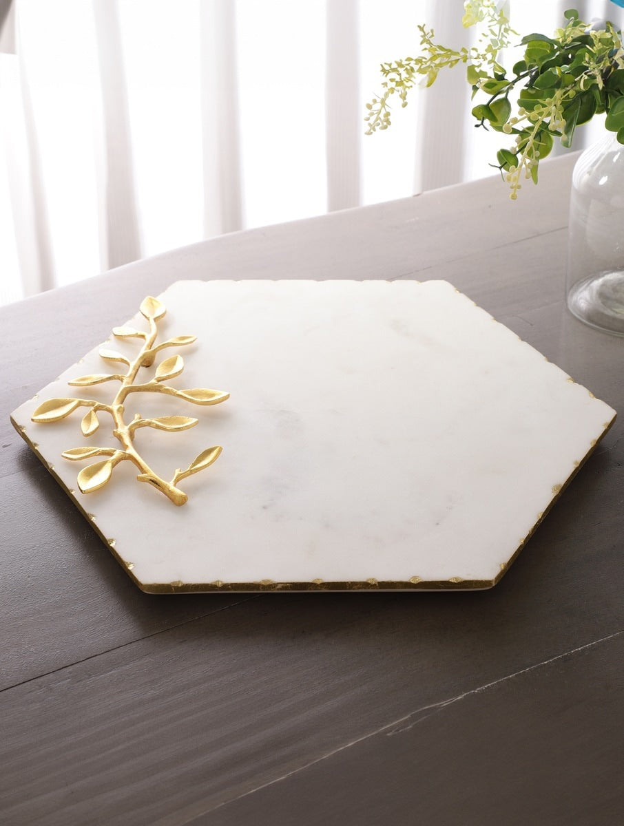 White Marble Hexagonal Platter with Metal Leaf Accent