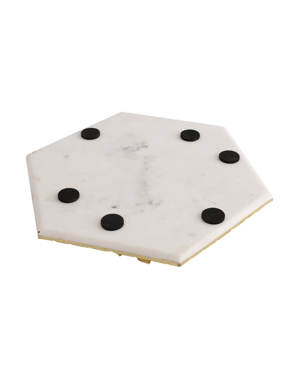 White Marble Hexagonal Platter with Metal Leaf Accent