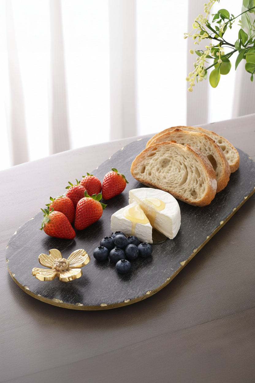 Black Marble Oblong Platter with Metal Flower Accent