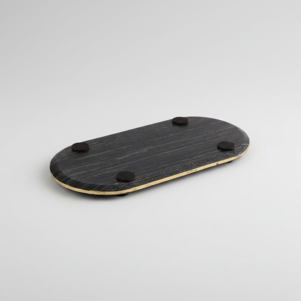 Black Marble Oblong Platter with Metal Flower Accent
