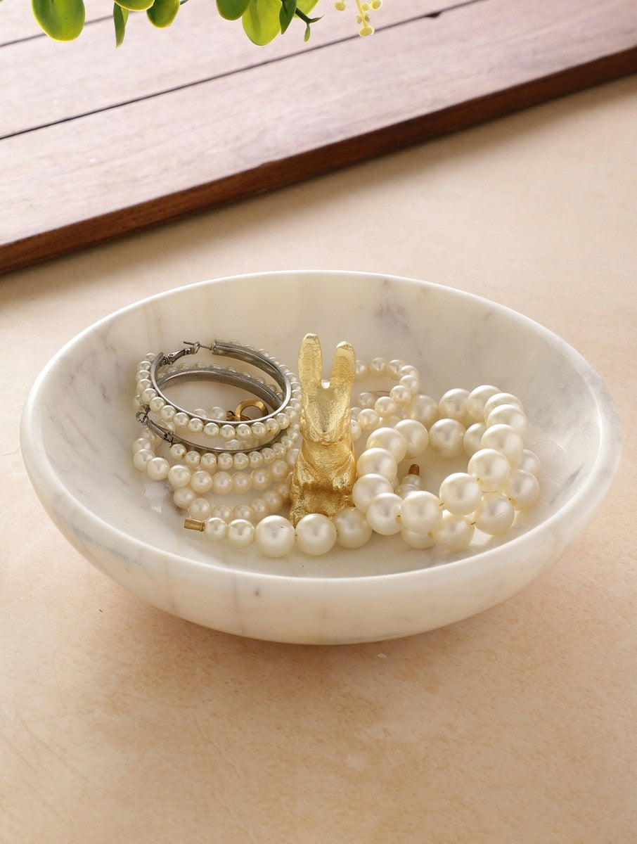 White Marble Decorative Bowl with Metal Accent