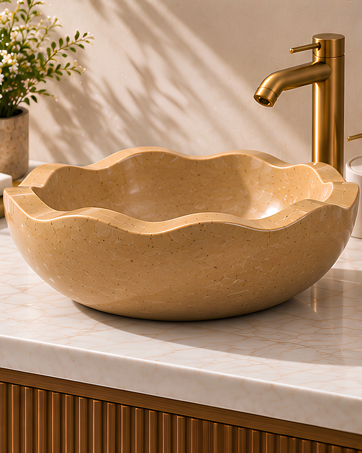 Jaisalmer Brown Fluted Stone Vessel Sink | Handcrafted Natural Stone Wash Basin