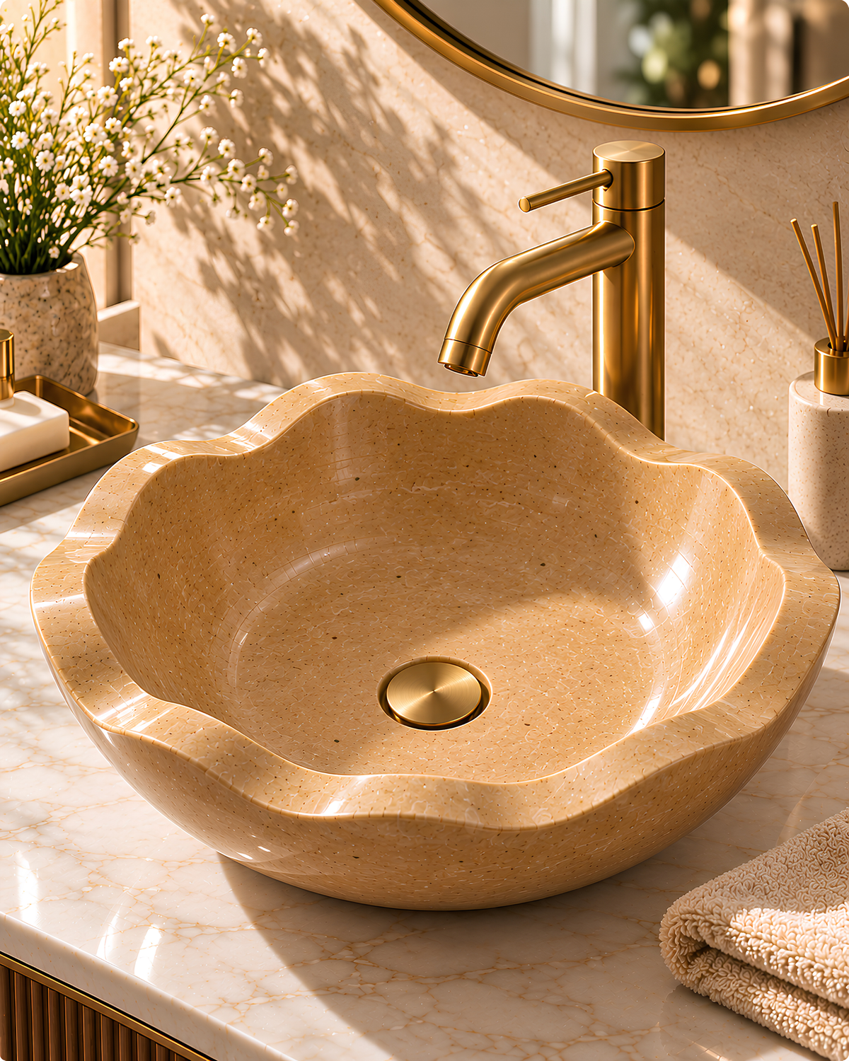 Jaisalmer Brown Fluted Stone Vessel Sink | Handcrafted Natural Stone Wash Basin