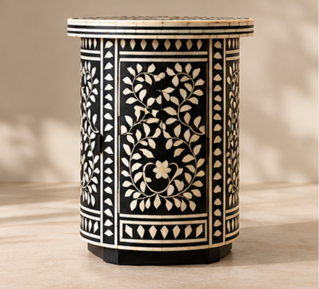 Black and White Floral Bone Inlay Round Side Table