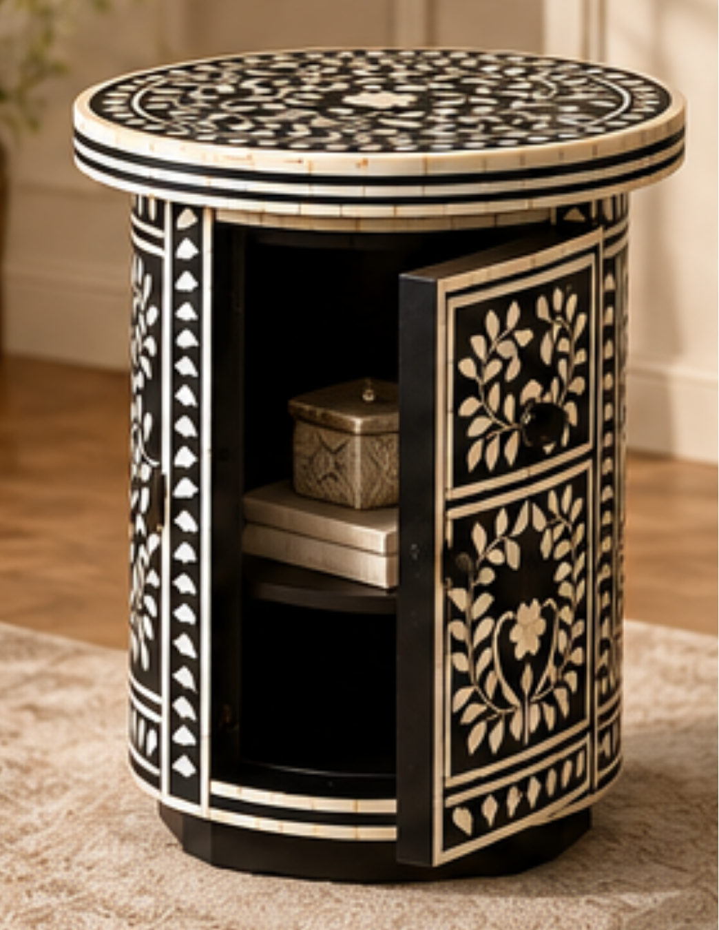 Black and White Floral Bone Inlay Round Side Table