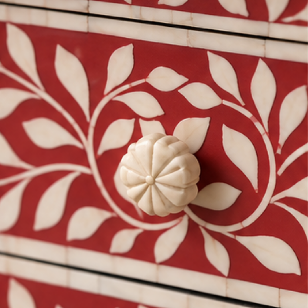 Handmade Floral Bone Inlay Nightstand with Three Drawers