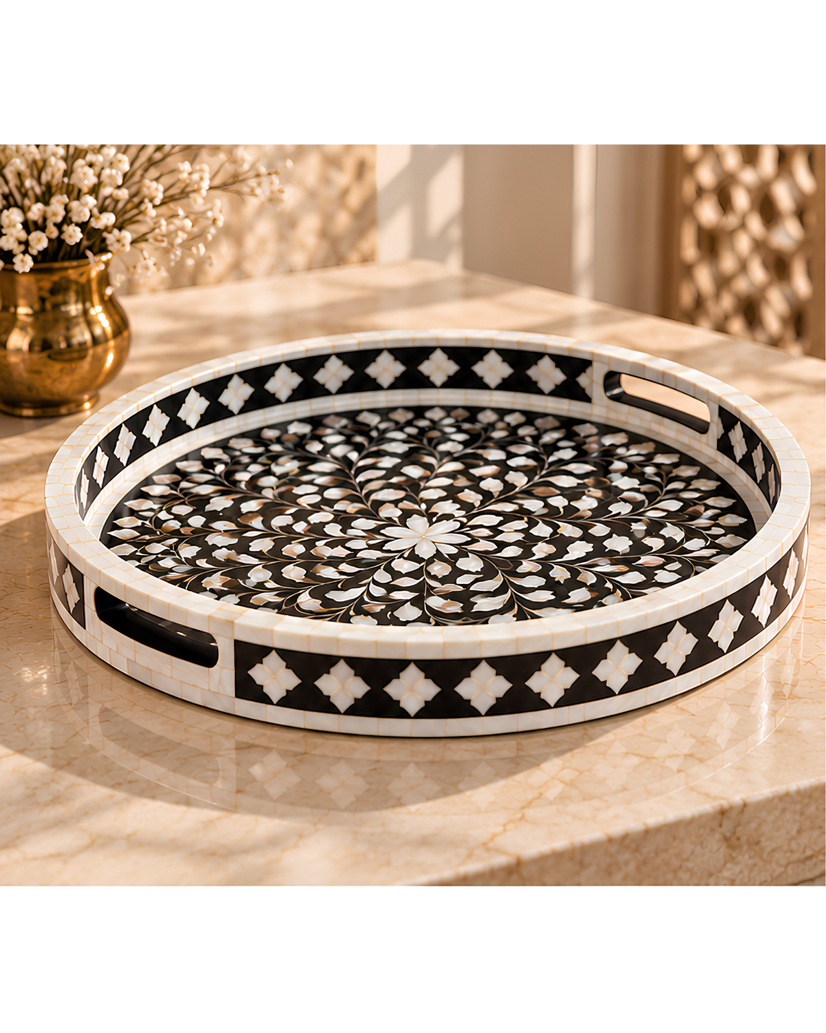 Midnight Black Mother of Pearl Inlay Round Serving Tray