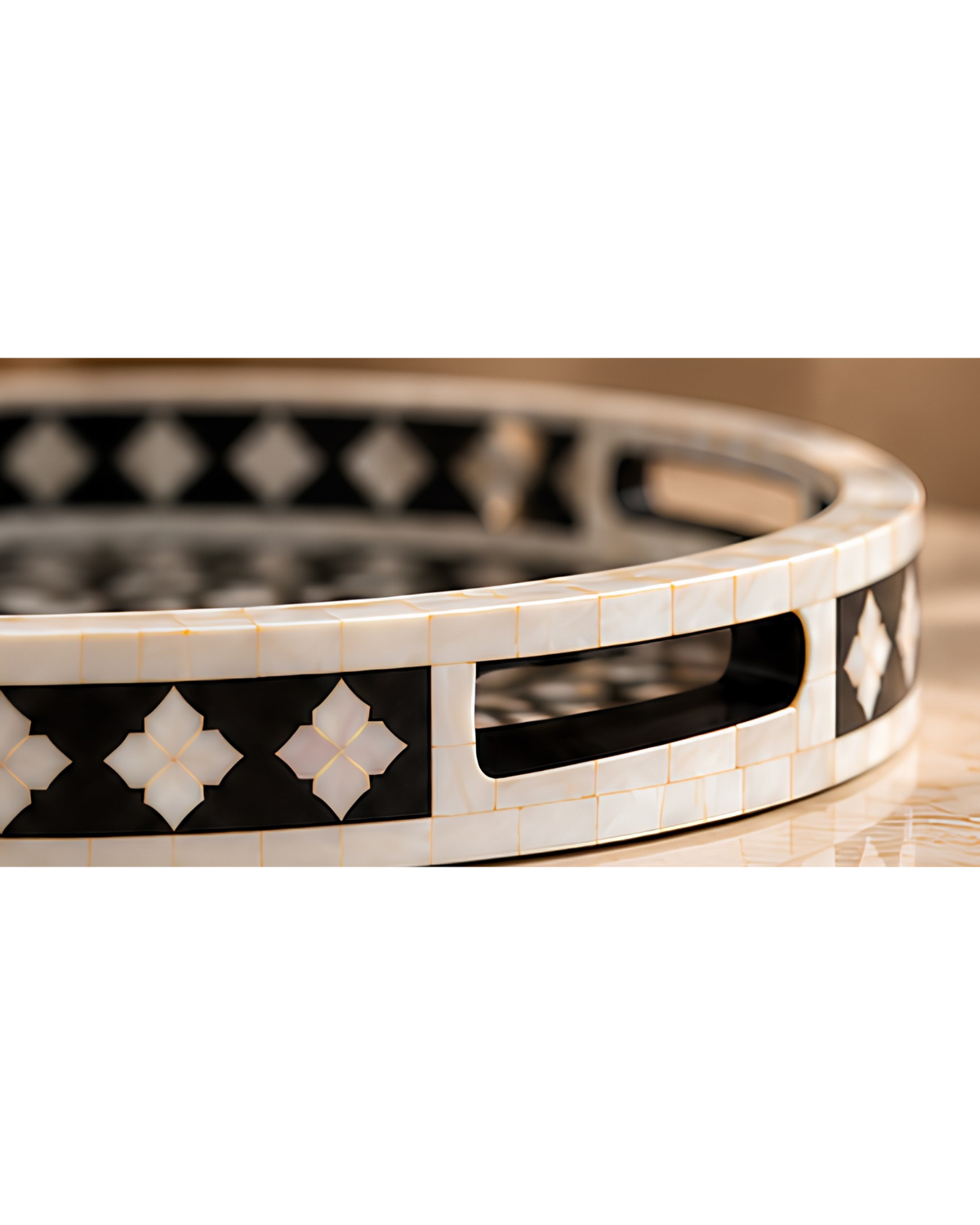 Midnight Black Mother of Pearl Inlay Round Serving Tray