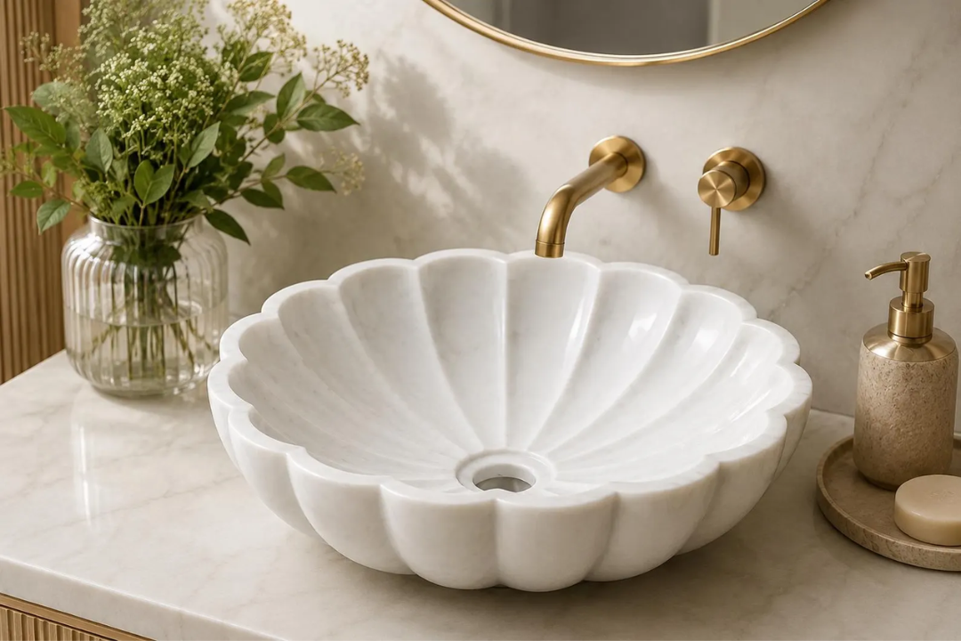 White Marble Petal Flower Vessel Sink