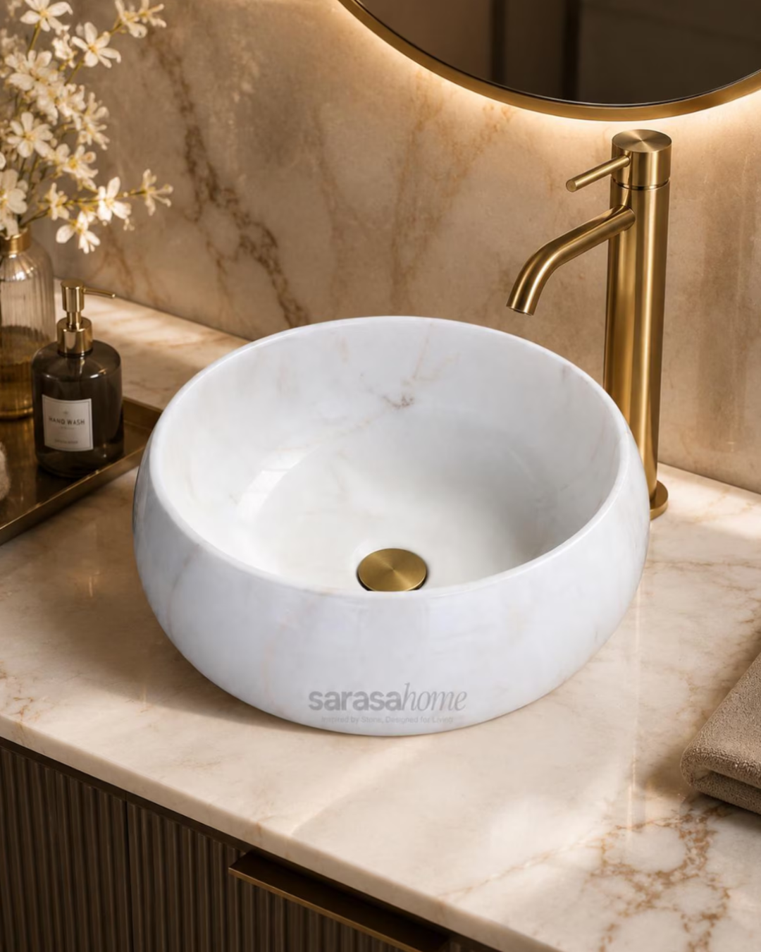 Round marble vessel sink front view