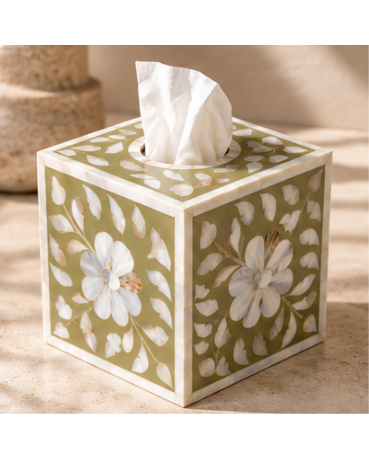 Olive Mother of Pearl Inlay Tissue Box Cover