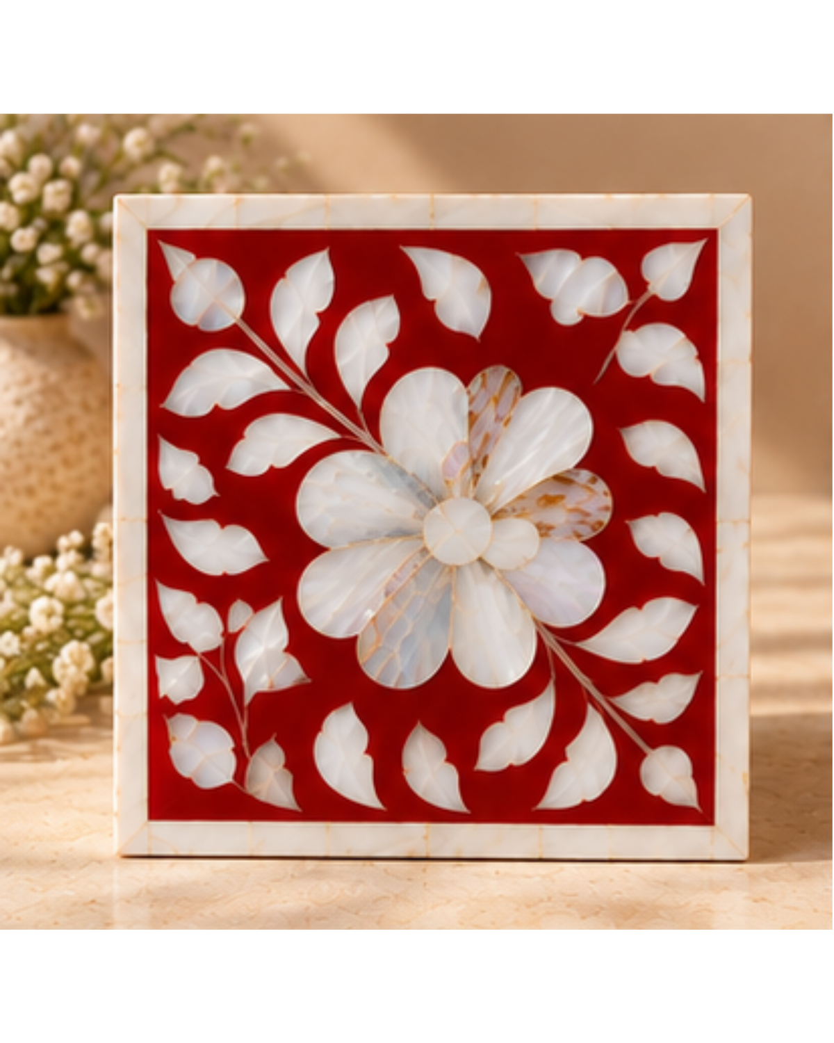 Red Mother of Pearl Inlay Tissue Box Cover