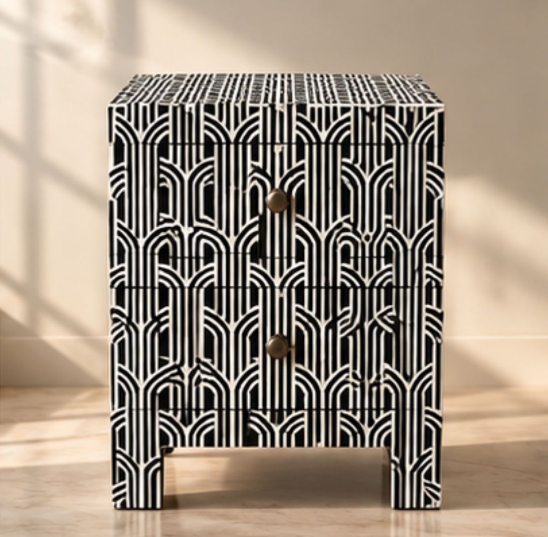 Black and White Linear Bone Inlay Bedside Table with Two Drawers
