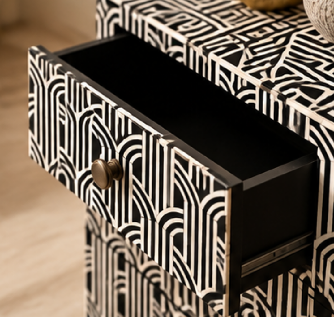 Black and White Linear Bone Inlay Bedside Table with Two Drawers