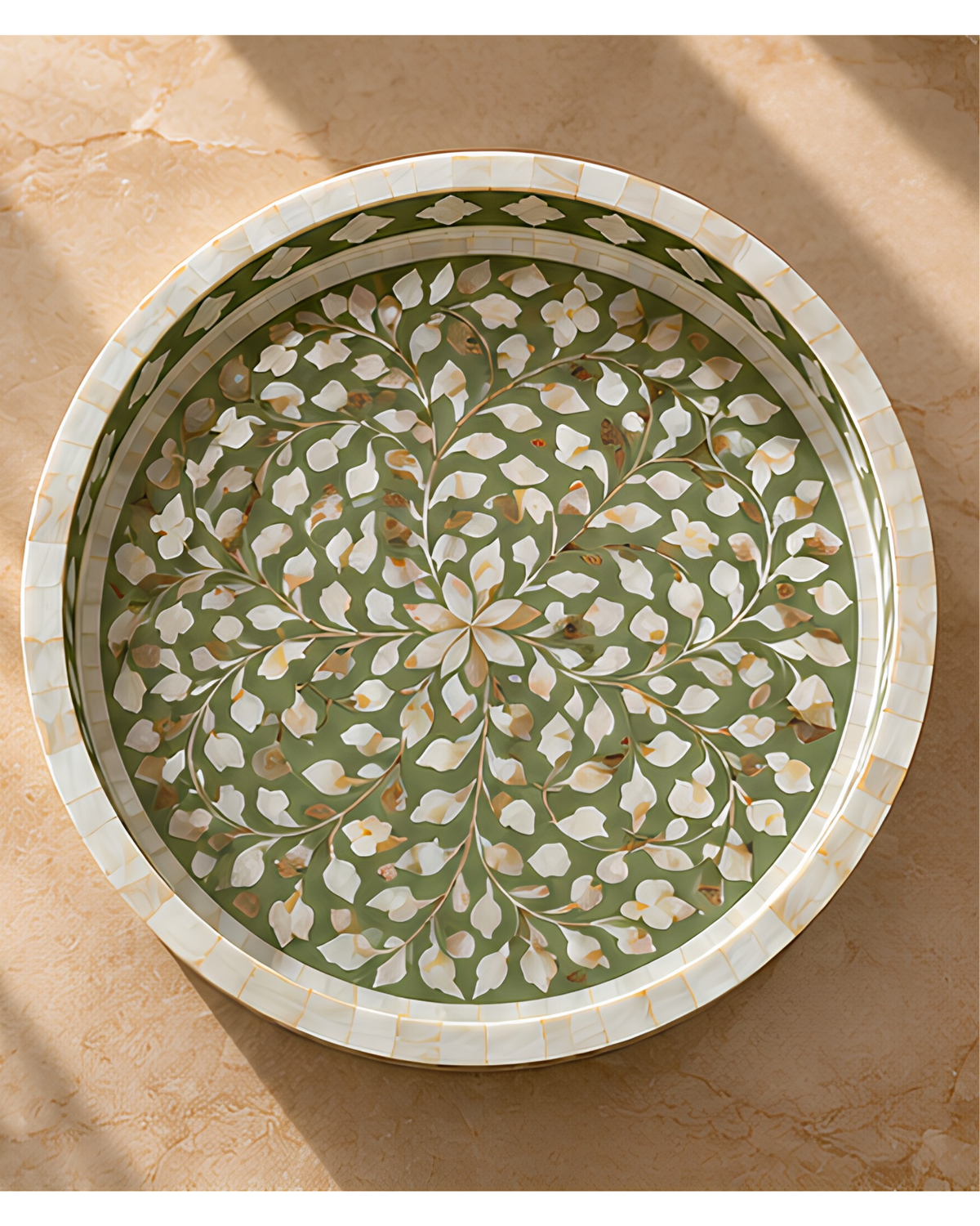 Olive Mother of Pearl Inlay Round Serving Tray