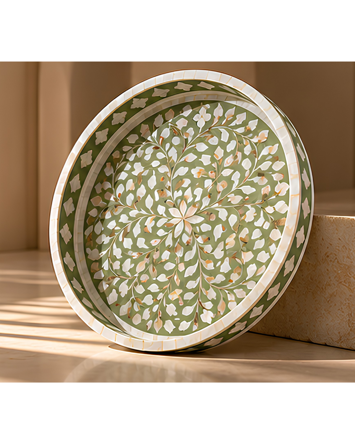 Olive Mother of Pearl Inlay Round Serving Tray