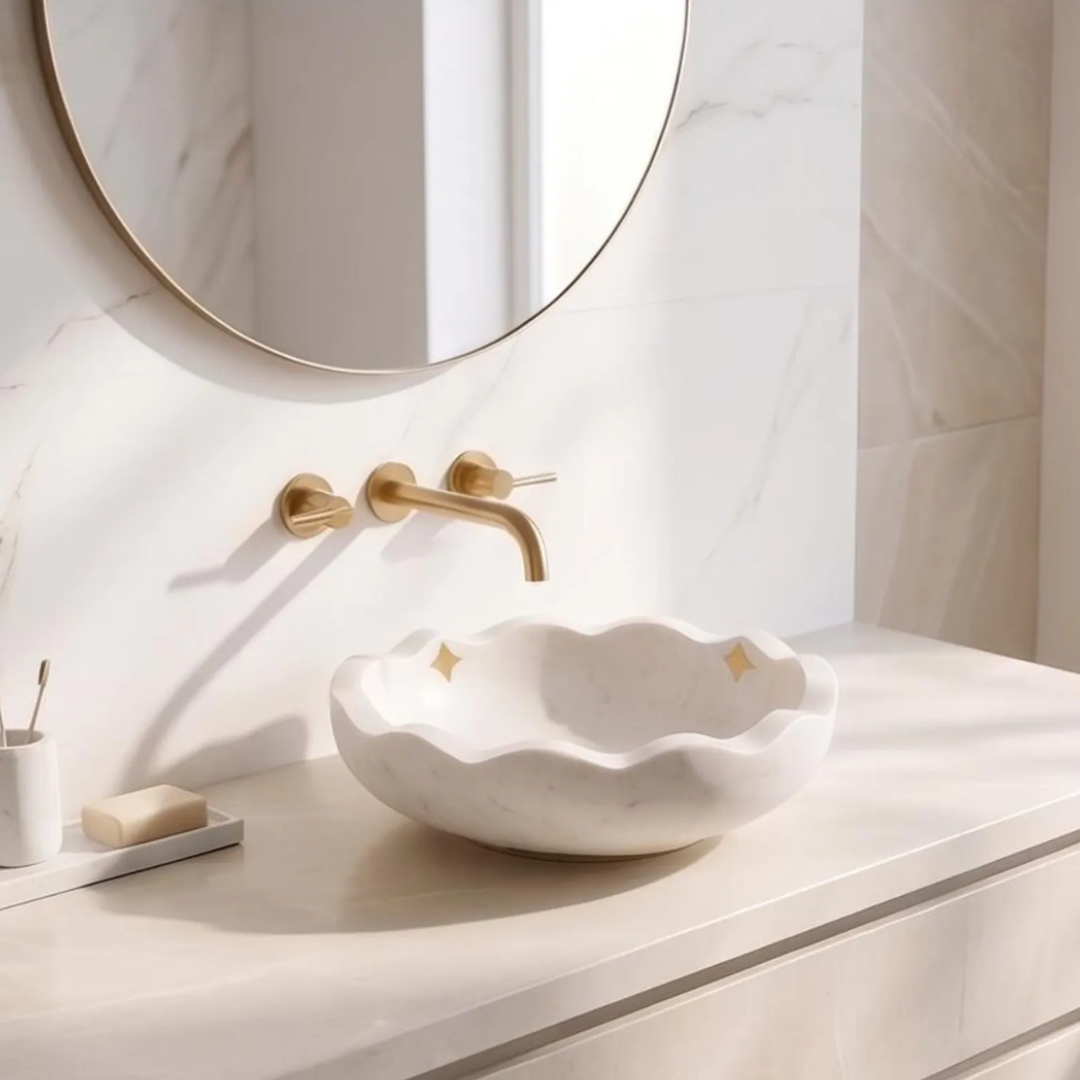 White Marble Scalloped Vessel Sink with Metal Stars